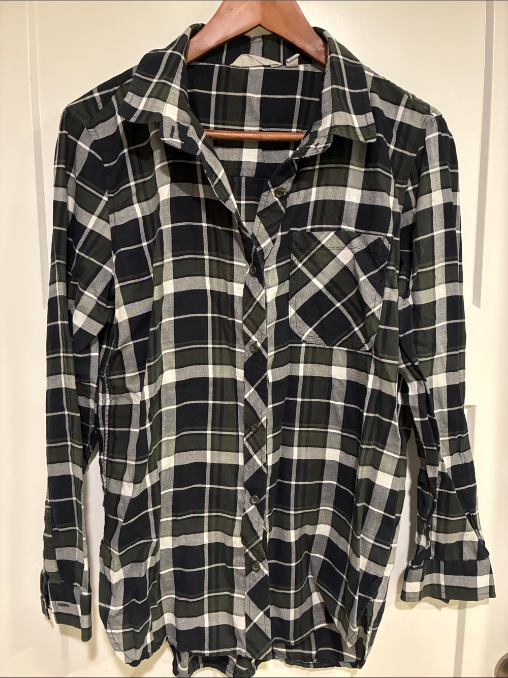 Athleta Black, Olive & White Plaid Button-Down Shirt